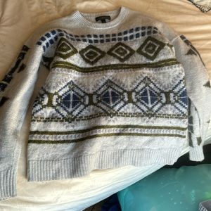 J. CREW Abstract Fair Isle Sweater Gray Blue Purple WOOL MOHAIR Medium / SHRUNK